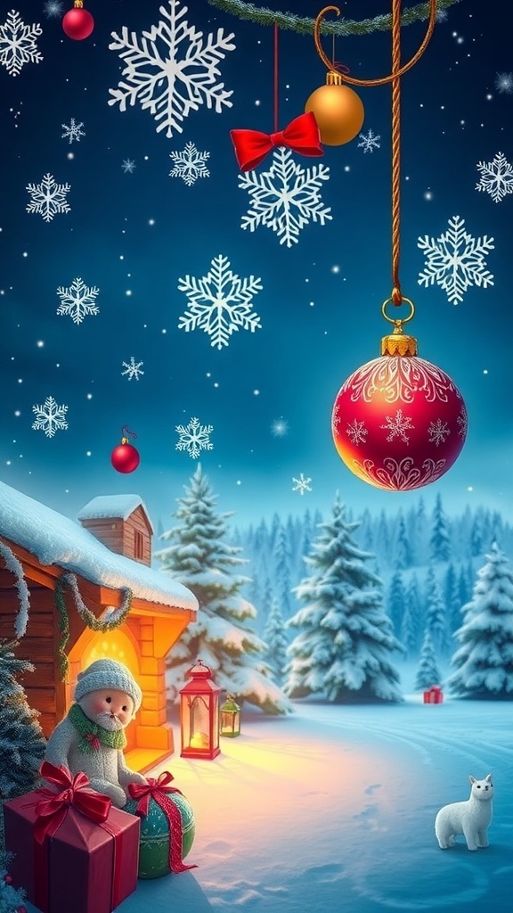 Festive Christmas wallpaper with snowflakes and ornaments in a 300x300 resolution.